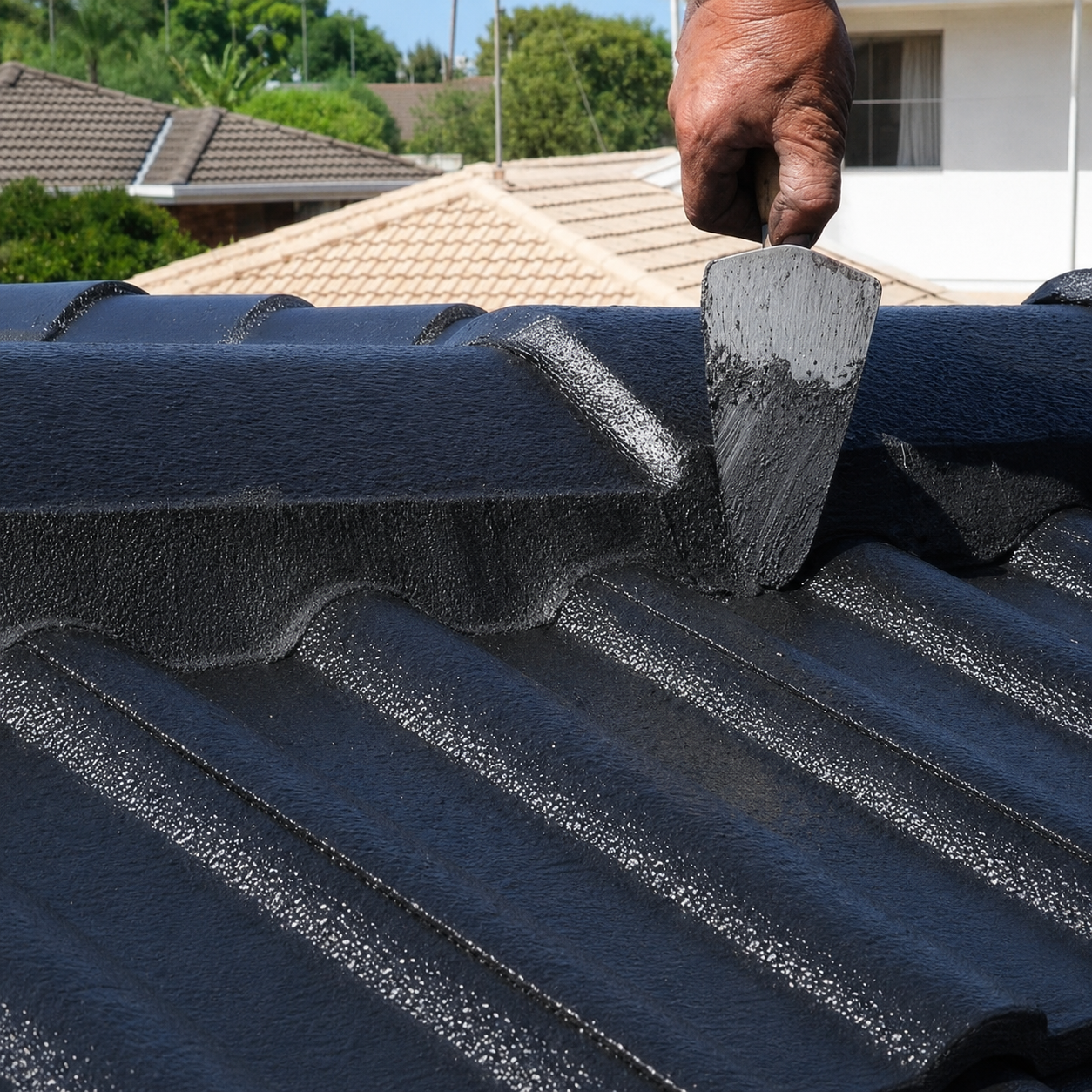Applying flexible pointing compound to a roof ridge with a trowel